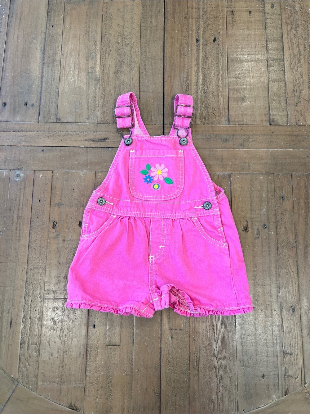 Oshkosh Y2K retro pink denim short overalls 18 months flower embroidered ruffles